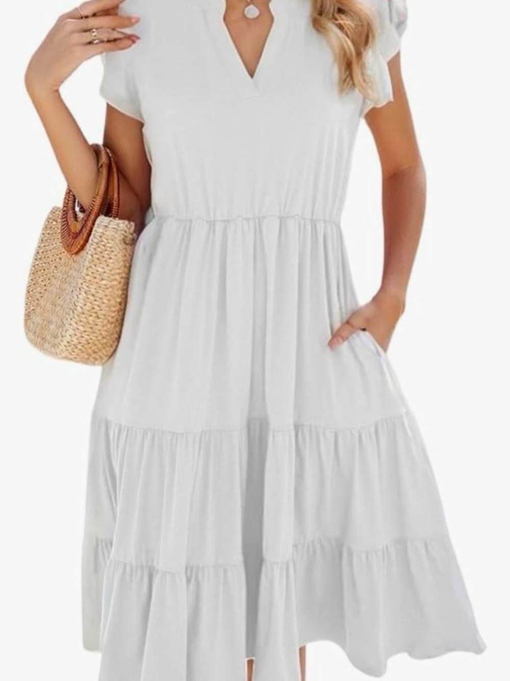Amazon White Tiered V-Neck Midi Dress with Pockets